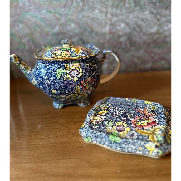 Rare Royal Winton chintz blue Anemone teapot with matching plate/display stand - Picture 9 of 10